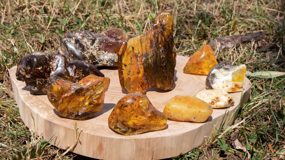 Amber pieces on the wooden surface